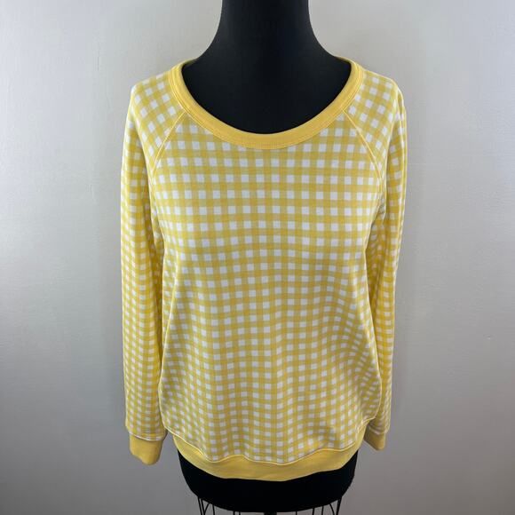 DRAPER JAMES Yellow White Gingham Plaid Crew Neck Raglan Sleeve Pullover Top L - Picture 2 of 9